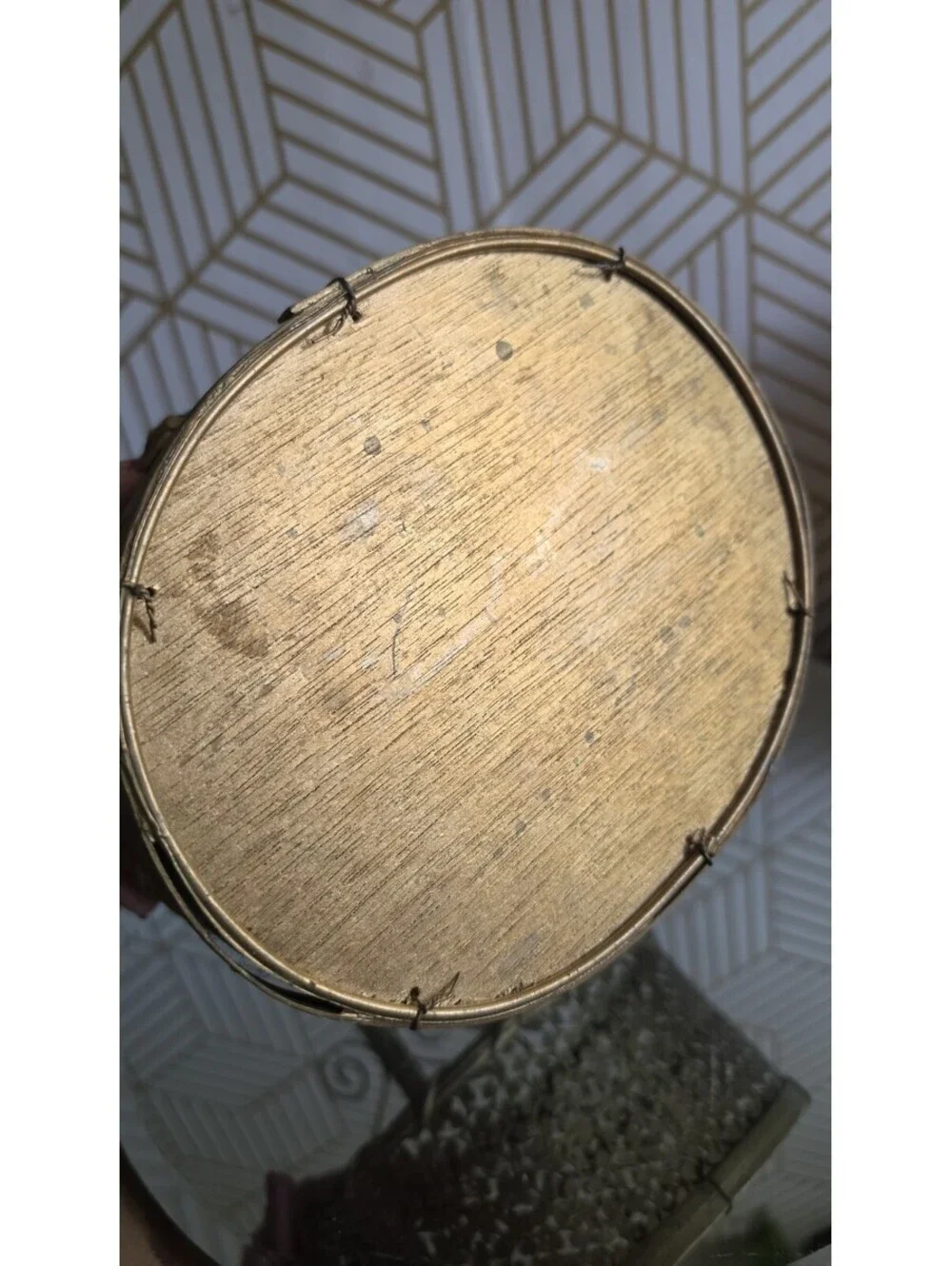 Vintage Perforated Gold Metal Scroll And Wood Basket